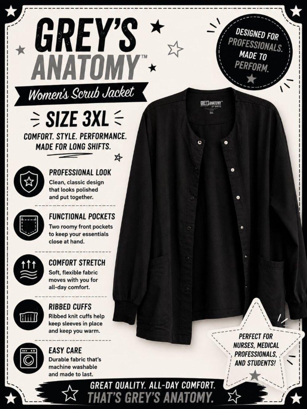 Grey’s Anatomy Women’s Black Scrub Jacket – Size 3XL